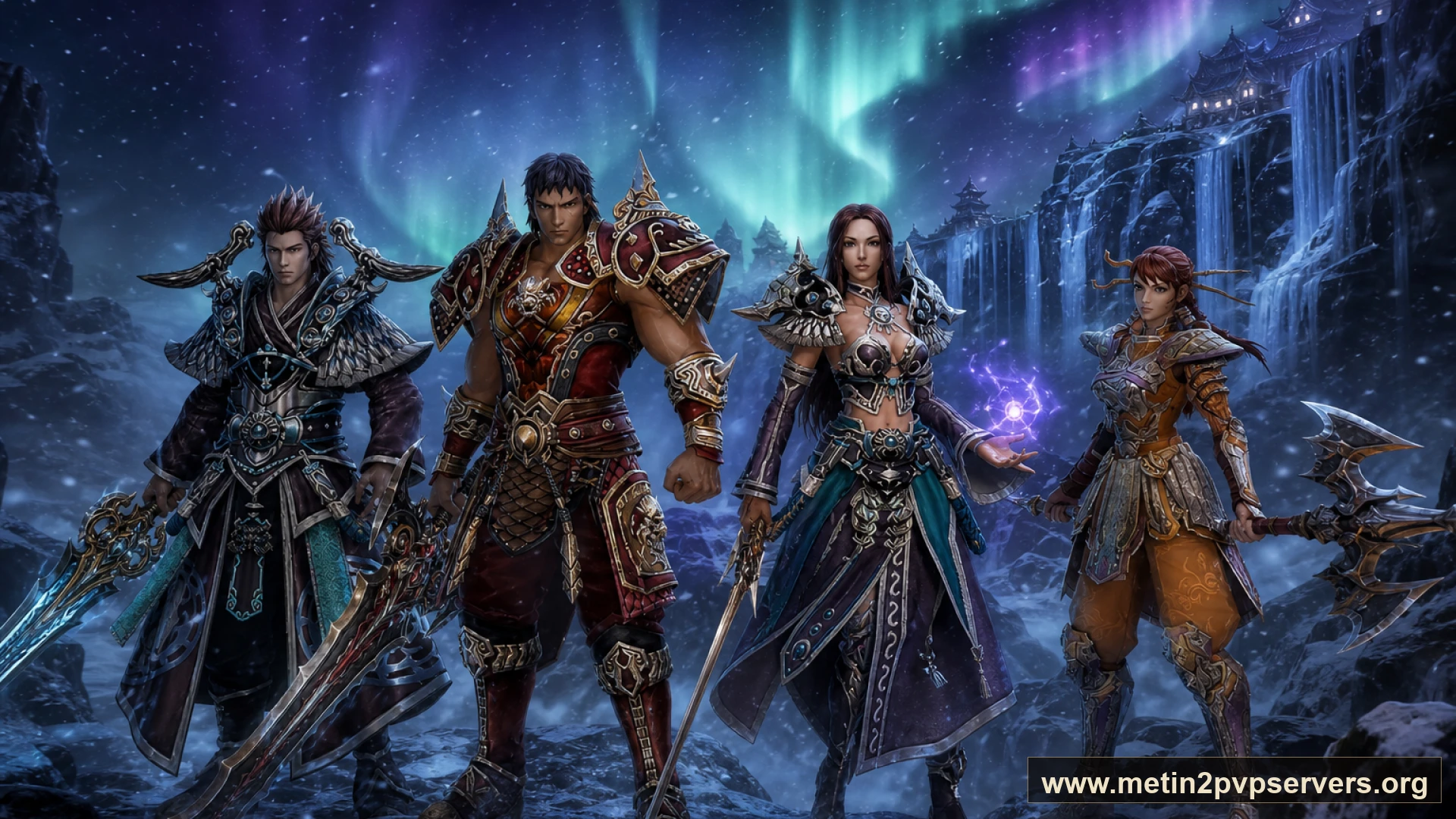 Aurora şelalesinde altın zırhlı dört Metin2 kahramanı için sinematik Metin2 wallpaper