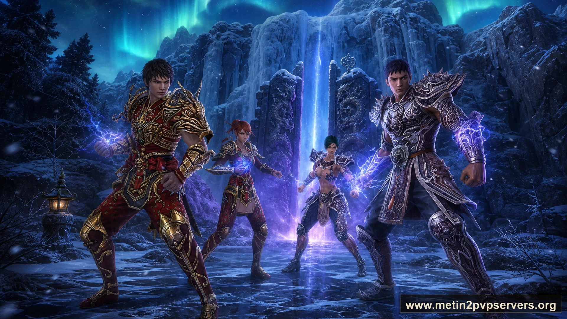 Aurora şelalesinde ninja ve Hwang zırhlı Metin2 muhafızları için sinematik Metin2 wallpaper