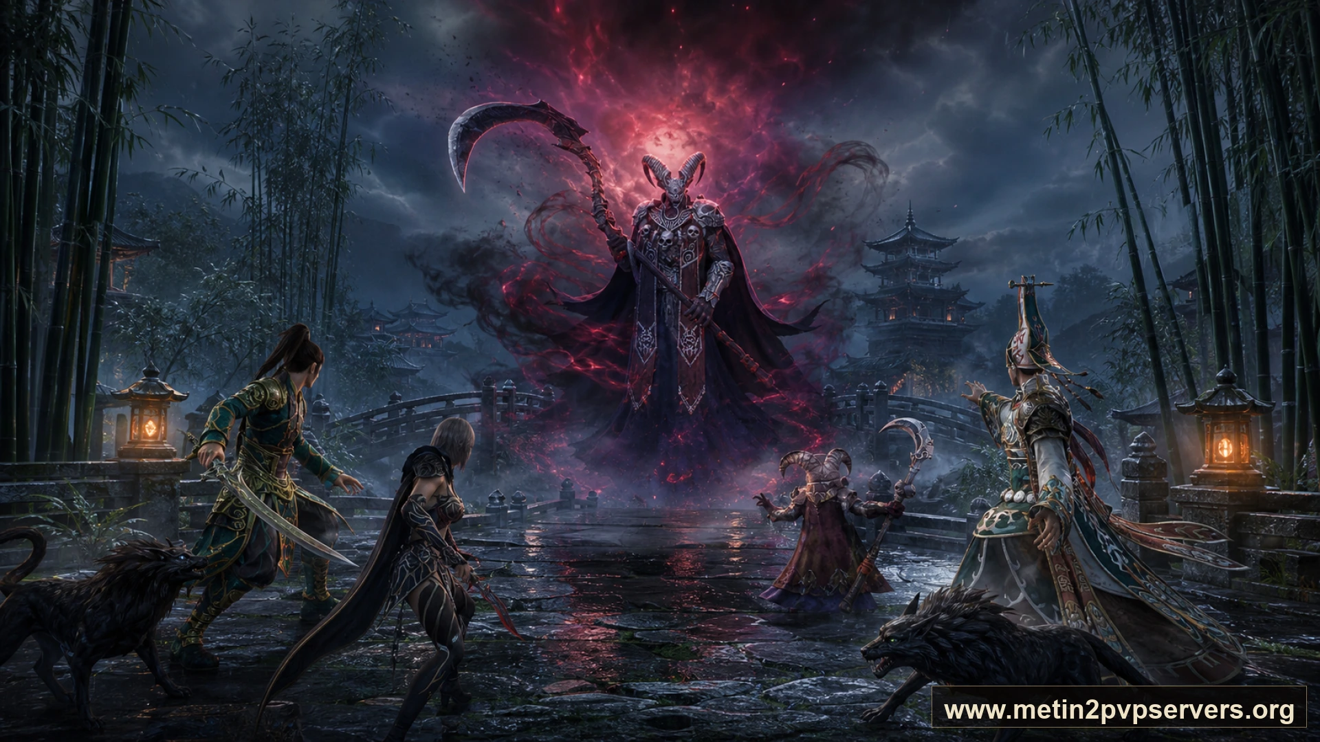 Yağmur sonrası sisli bambu vadisinde dev tırpanlı boynuzlu Azrail boss için sinematik Metin2 wallpaper