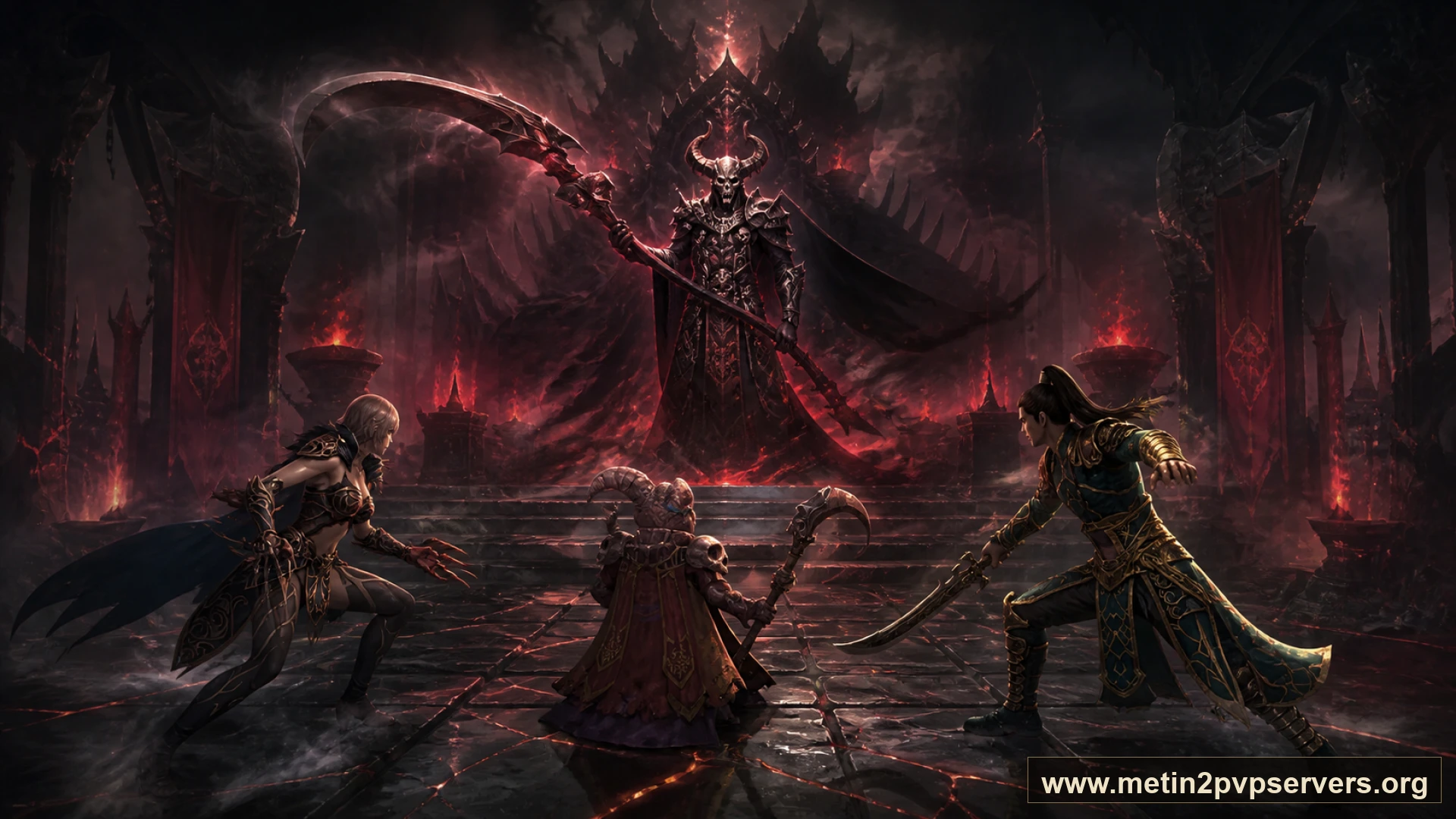 Kızıl meşaleli obsidyen taht salonunda dev tırpanlı boynuzlu Azrail boss için sinematik Metin2 wallpaper