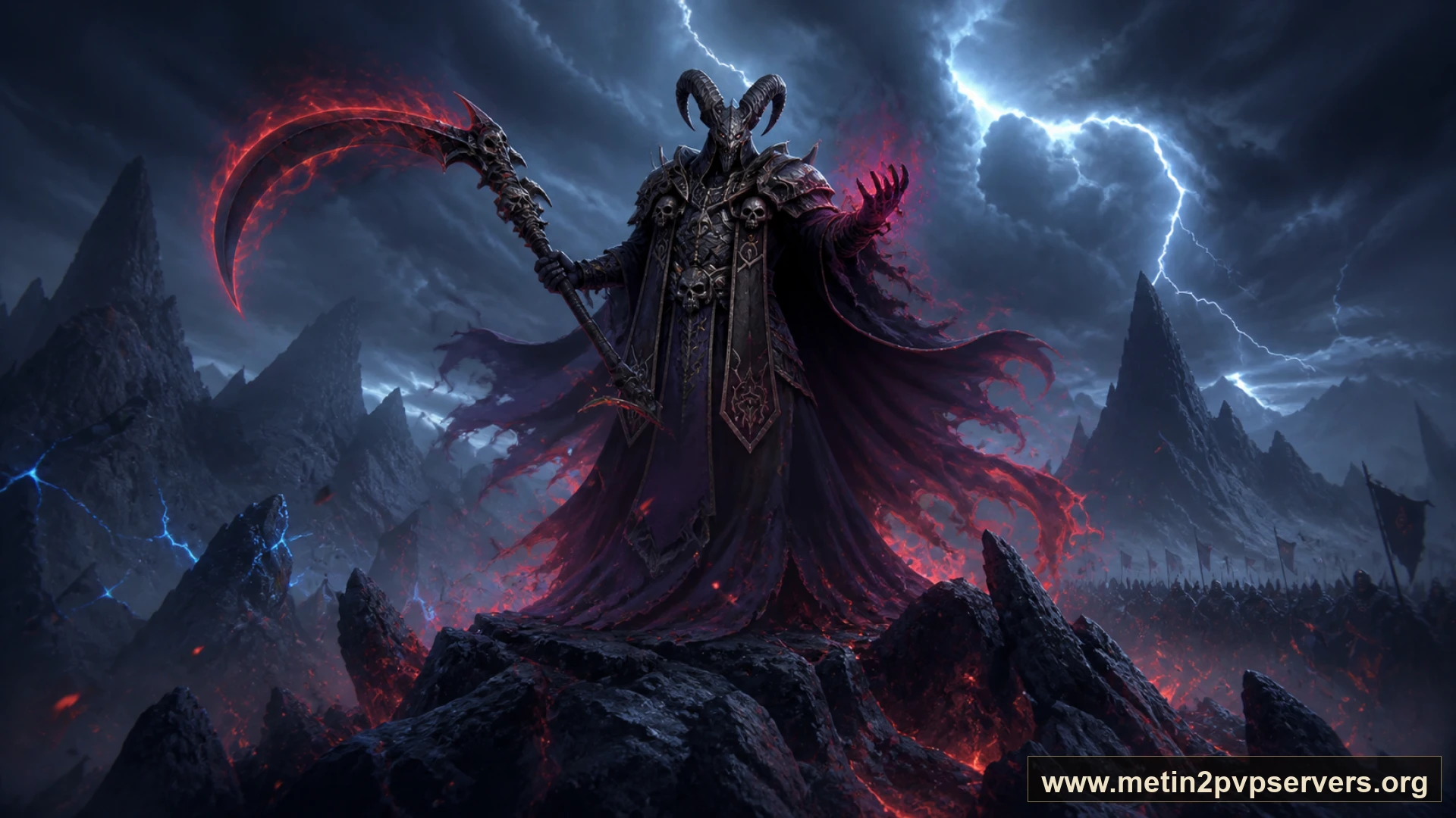 Yıldırımlı sivri dağ zirvesinde dev tırpanlı boynuzlu Azrail boss için sinematik Metin2 wallpaper
