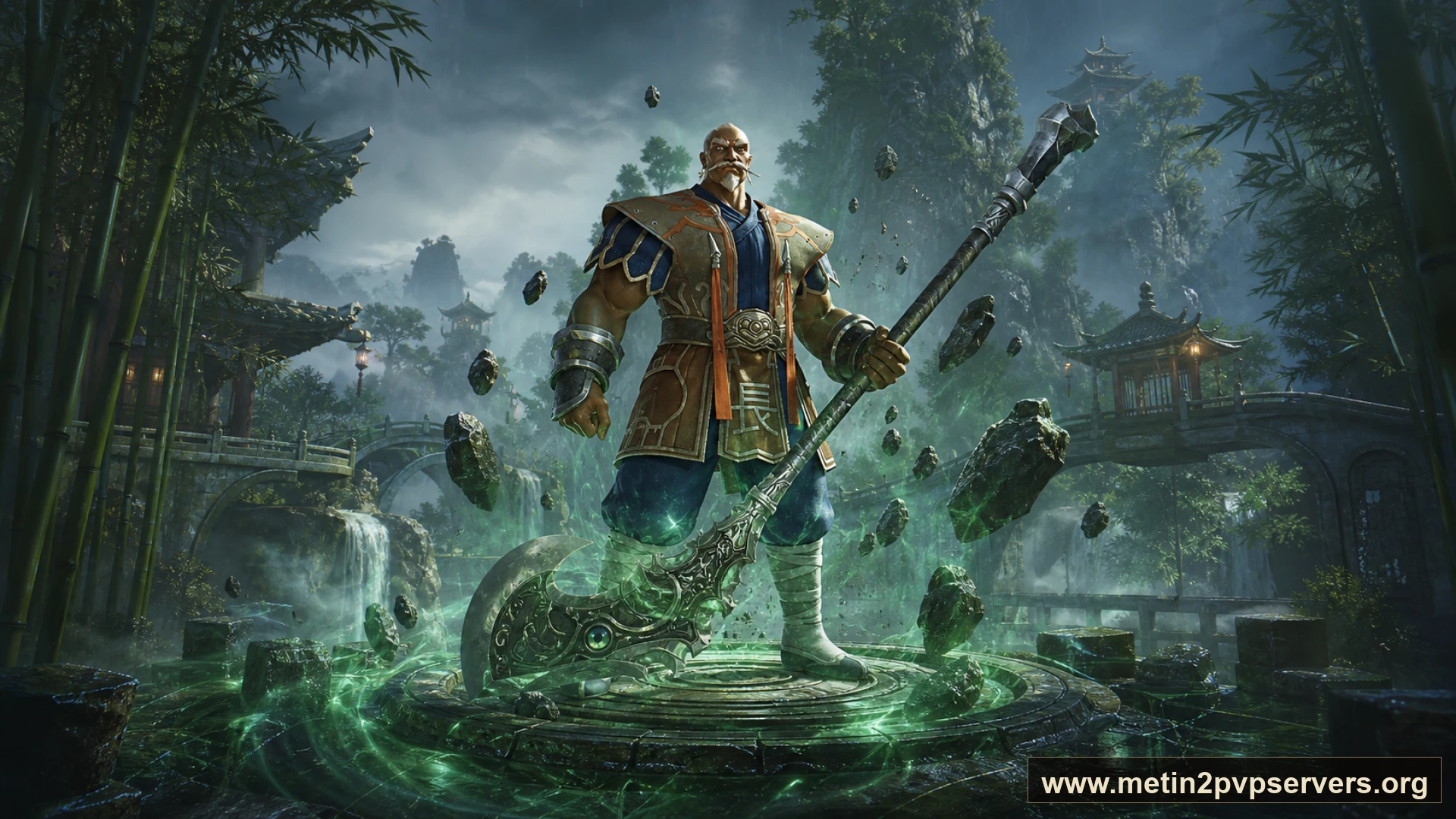 Yağmur sonrası sisli bambu vadisinde ağır zırhlı Bestial Kaptan boss karakteri için sinematik Metin2 wallpaper