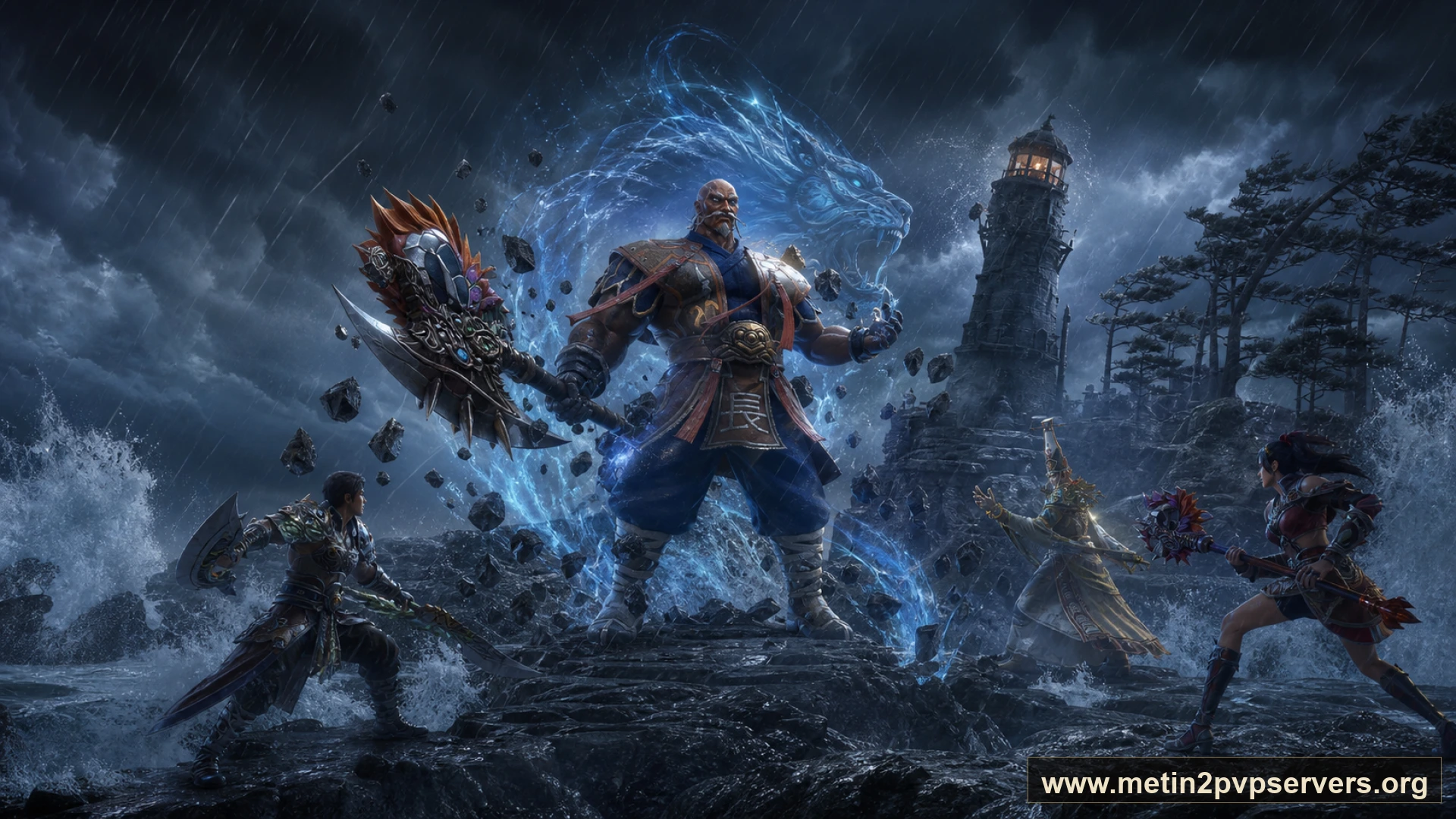 Dev dalgalı fırtınalı kayalık sahilde ağır zırhlı Bestial Kaptan boss karakteri için sinematik Metin2 wallpaper