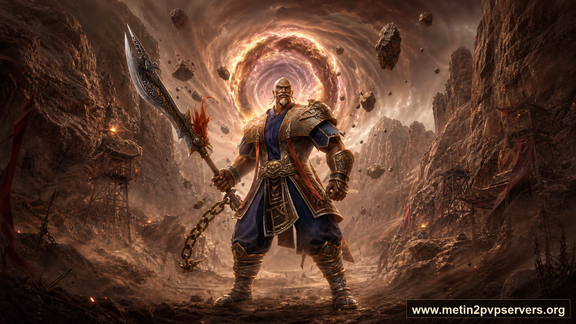 Toz girdaplı kızıl kanyonda ağır zırhlı Bestial Kaptan boss karakteri için sinematik Metin2 wallpaper