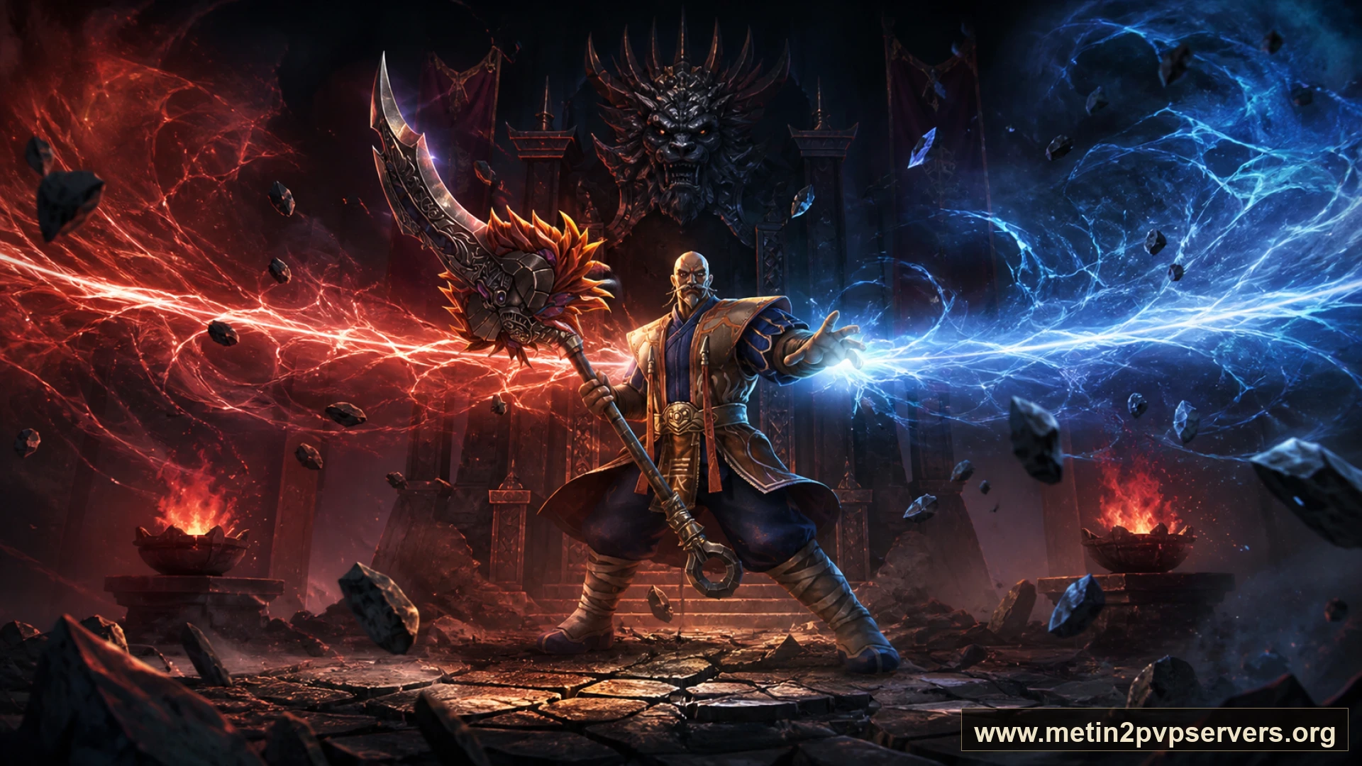 Kızıl meşaleli obsidyen taht salonunda ağır zırhlı Bestial Kaptan boss karakteri için sinematik Metin2 wallpaper
