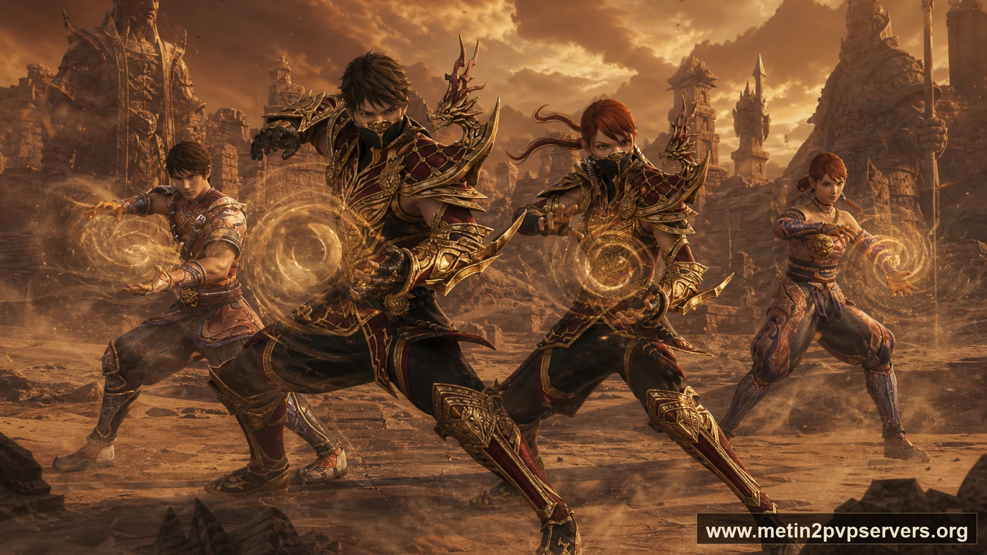 Çöl tapınağında farklı zırhlı Metin2 ninja ekibi için sinematik Metin2 wallpaper