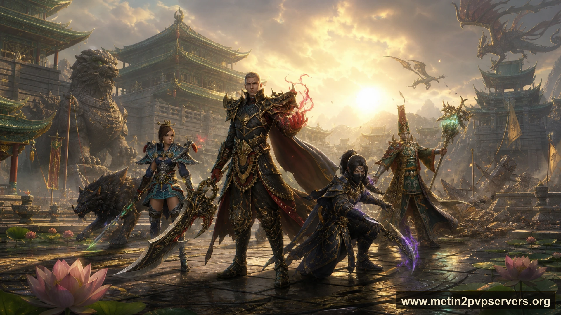Gün doğumundaki yeşim sarayı avlusunda savaşçı ninja sura ve şamandan oluşan dört kahraman için sinematik Metin2 wallpaper