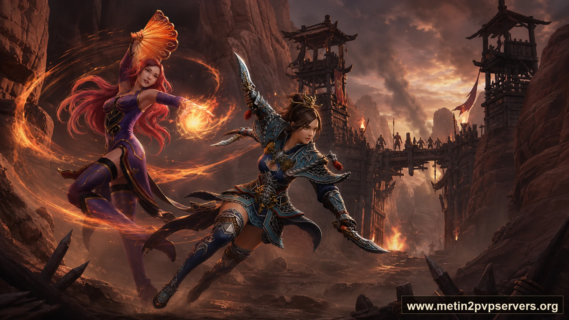 Toz girdaplı kızıl kanyonda kızıl saçlı büyücü ve çevik kadın ninja için sinematik Metin2 wallpaper