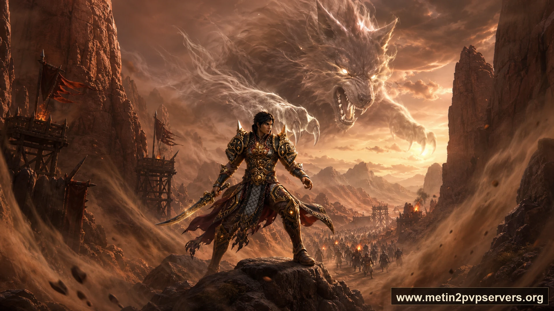 Toz girdaplı kızıl kanyonda dev ruh kurdunun altında kurt zırhlı savaşçı için sinematik Metin2 wallpaper