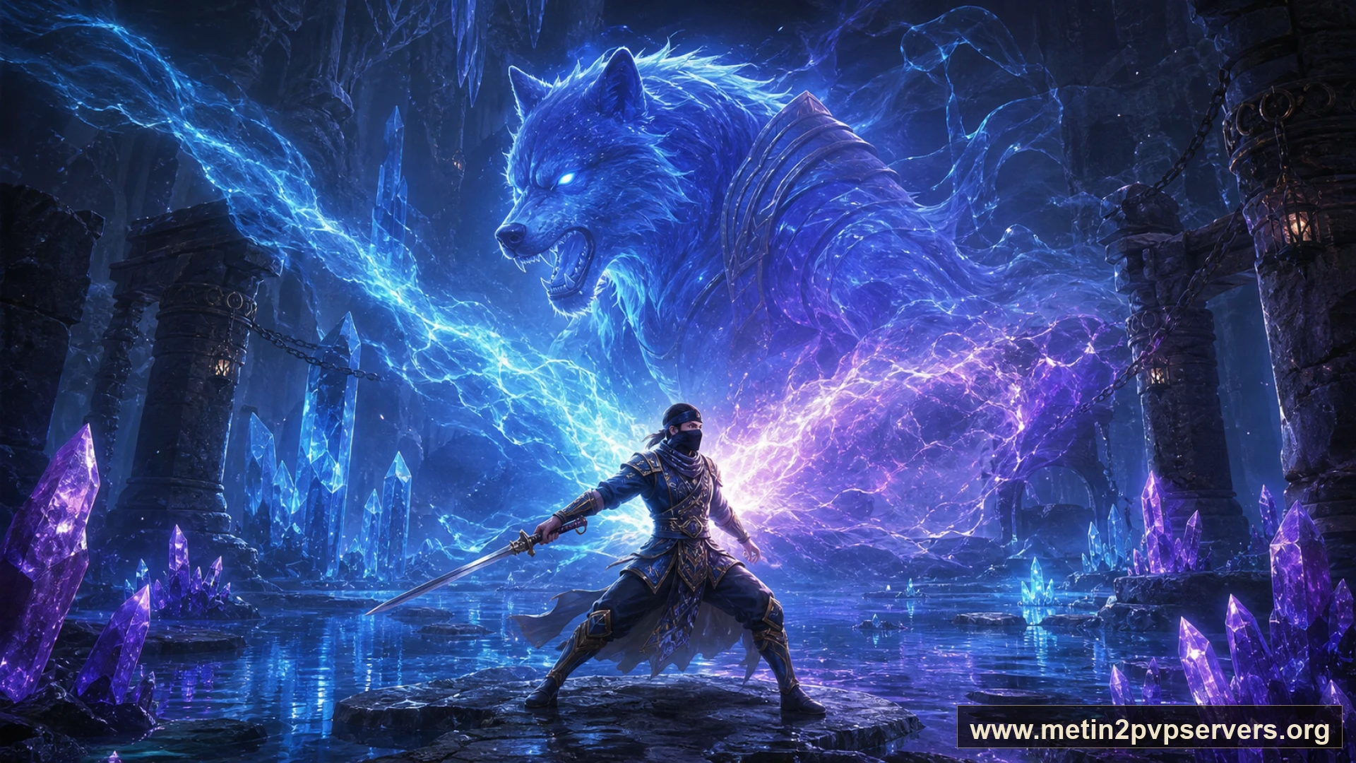 Mavi mor kristalli büyük mağarada dev ruh kurdunun altında kurt zırhlı savaşçı için sinematik Metin2 wallpaper