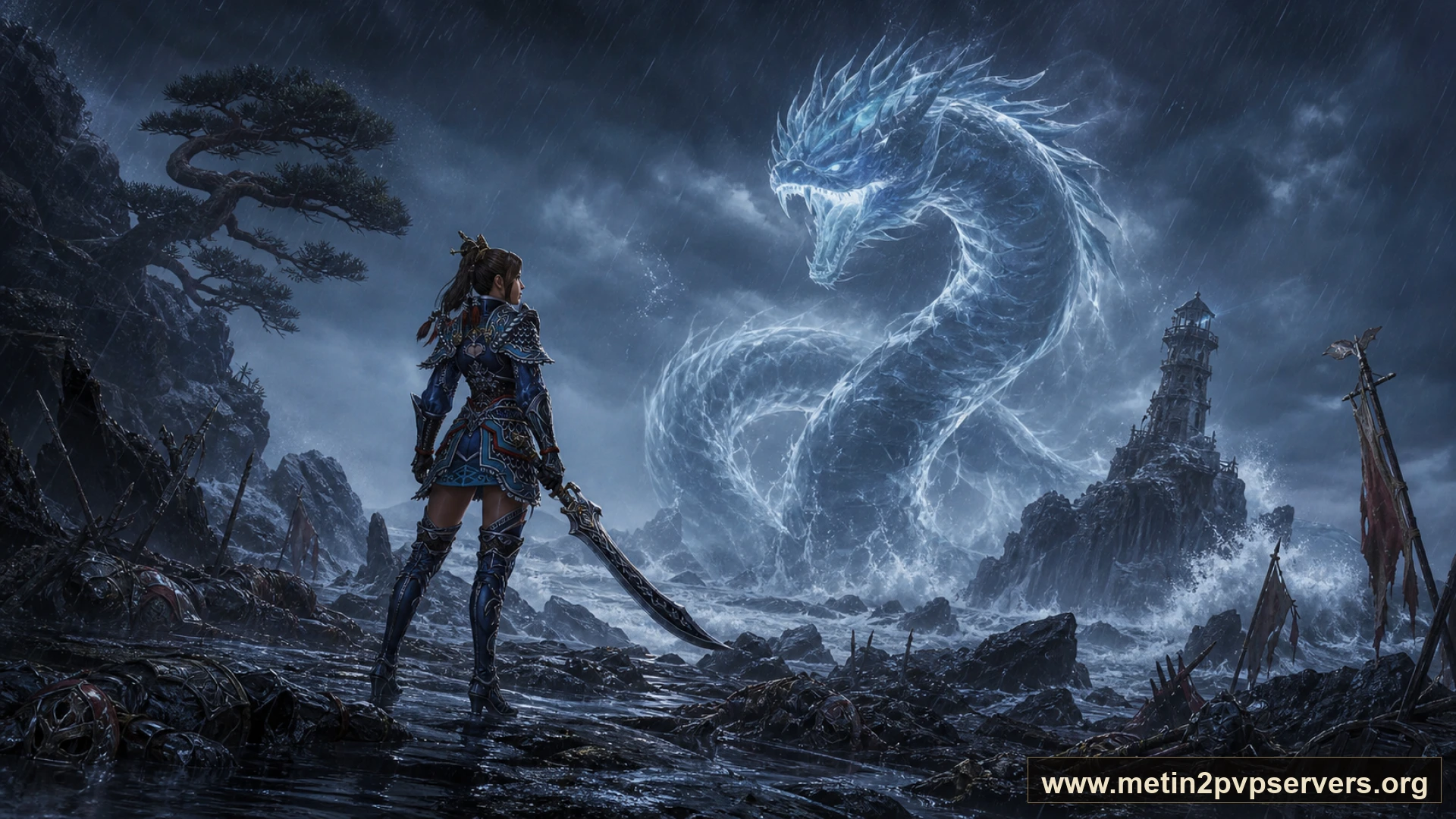 Dev dalgalı fırtınalı kayalık sahilde kadın ninja ve sis içindeki dev yılan ruhu için sinematik Metin2 wallpaper
