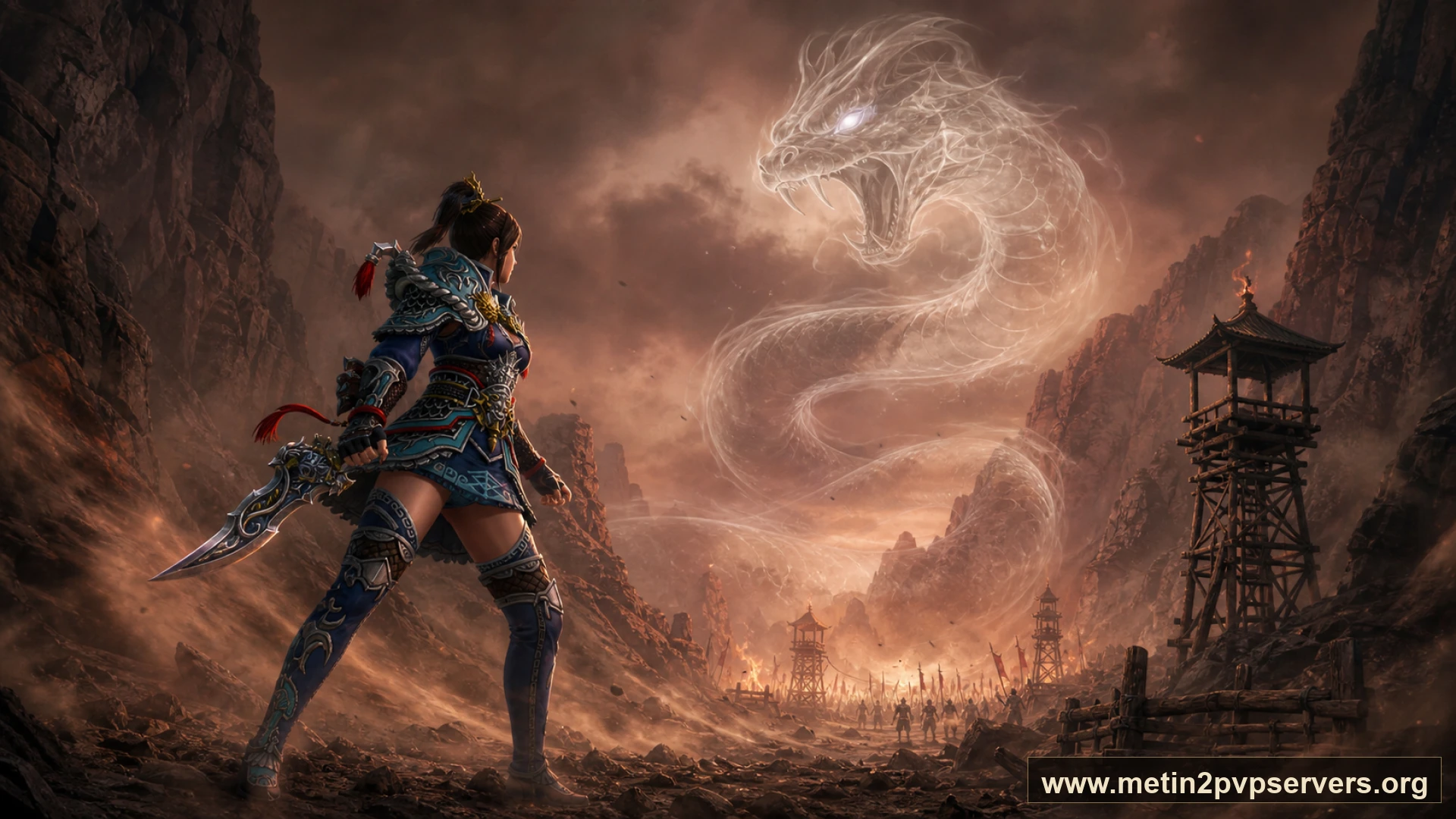 Toz girdaplı kızıl kanyonda kadın ninja ve sis içindeki dev yılan ruhu için sinematik Metin2 wallpaper