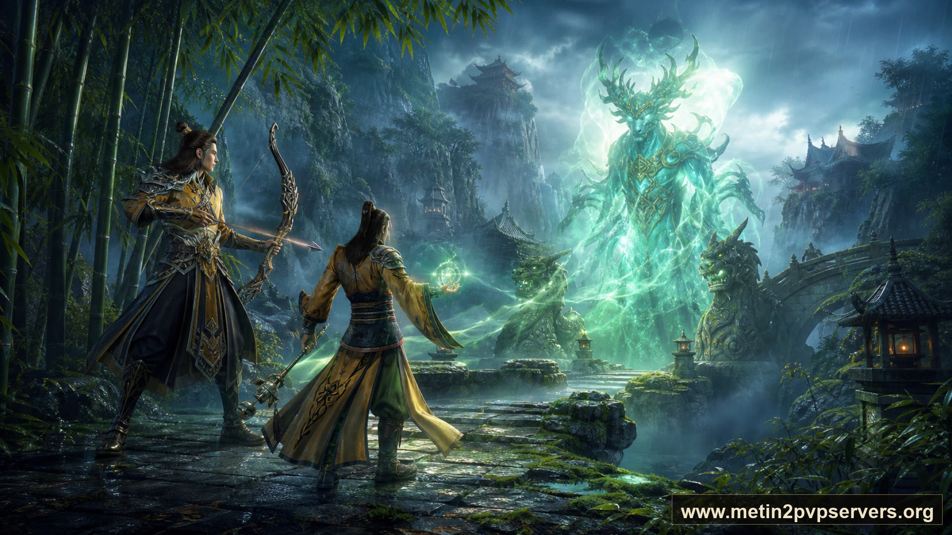 Yağmur sonrası sisli bambu vadisinde uzun yaylı okçu ve yolu aydınlatan şaman için sinematik Metin2 wallpaper