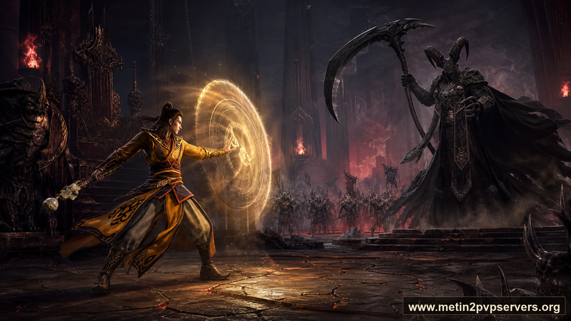 Kızıl meşaleli obsidyen taht salonunda ışık büyüsü yapan şaman ve tırpanlı boynuzlu Azrail için sinematik Metin2 wallpaper