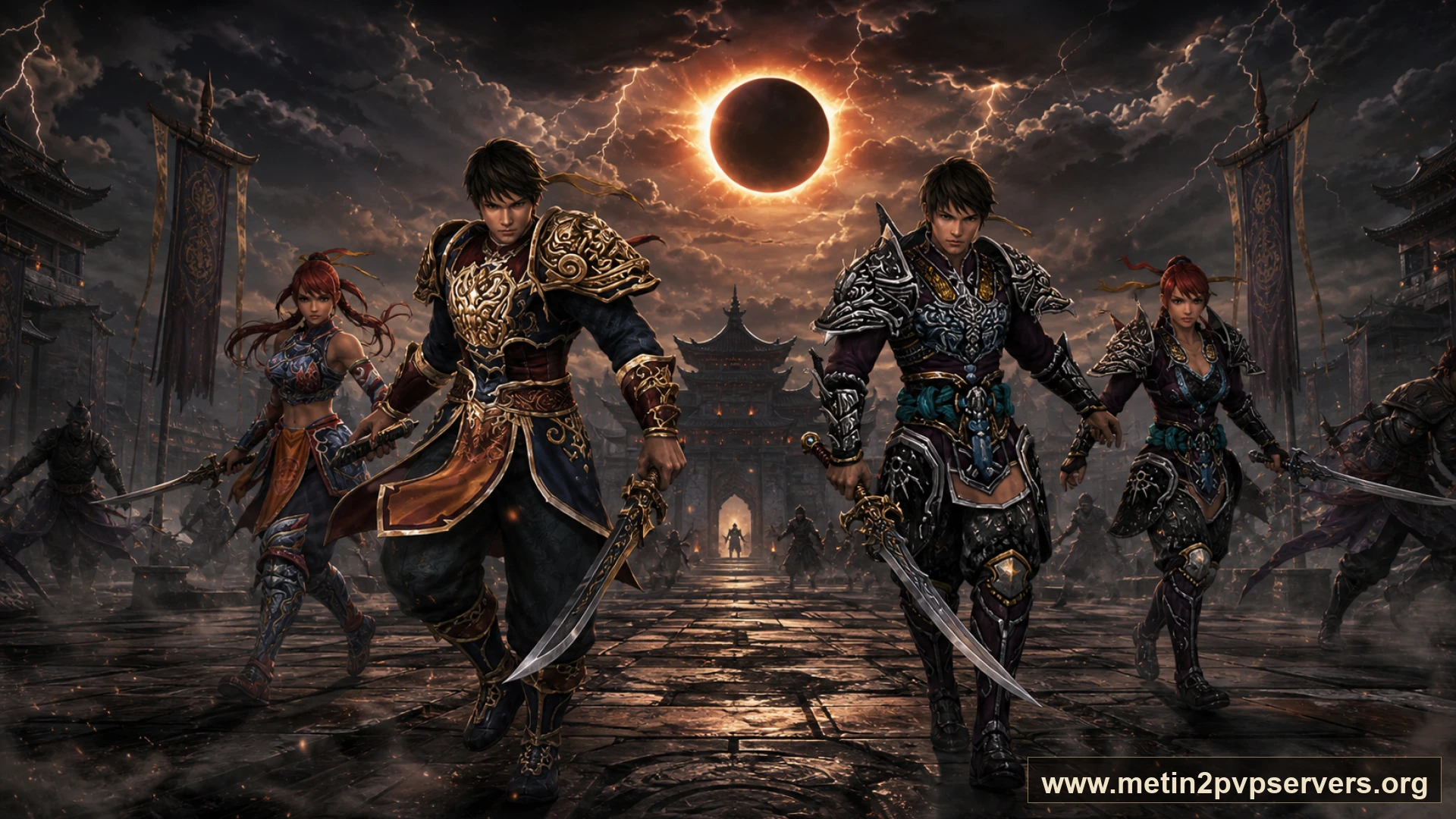 Tutulma meydanında farklı zırhlı Metin2 ninja ekibi için sinematik Metin2 wallpaper