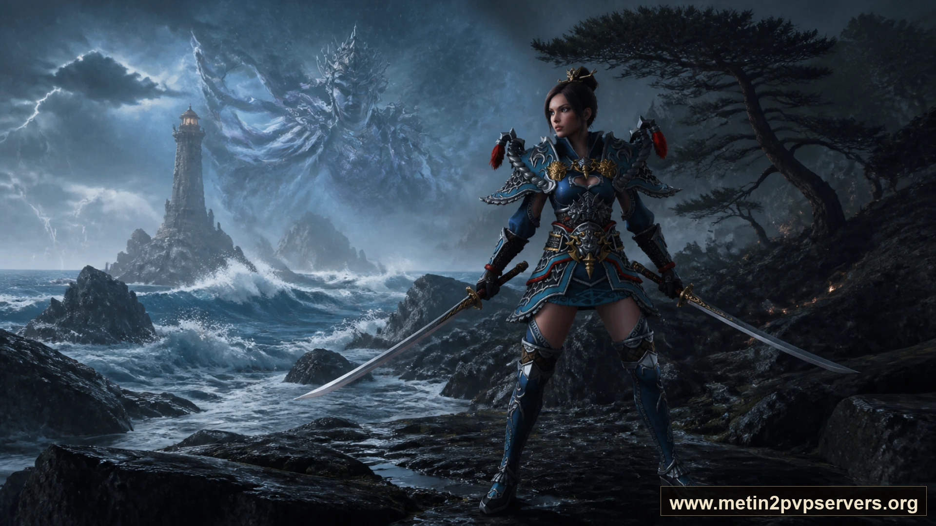 Dev dalgalı fırtınalı kayalık sahilde çift kılıçlı samuray zırhlı kadın ninja için sinematik Metin2 wallpaper