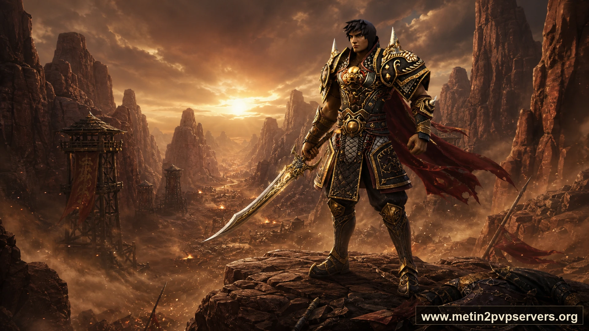 Toz girdaplı kızıl kanyonda altın işlemeli uzun kılıç taşıyan erkek savaşçı için sinematik Metin2 wallpaper