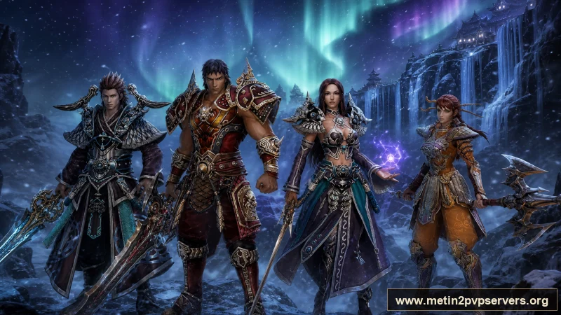 Aurora şelalesinde altın zırhlı dört Metin2 kahramanı için sinematik Metin2 wallpaper