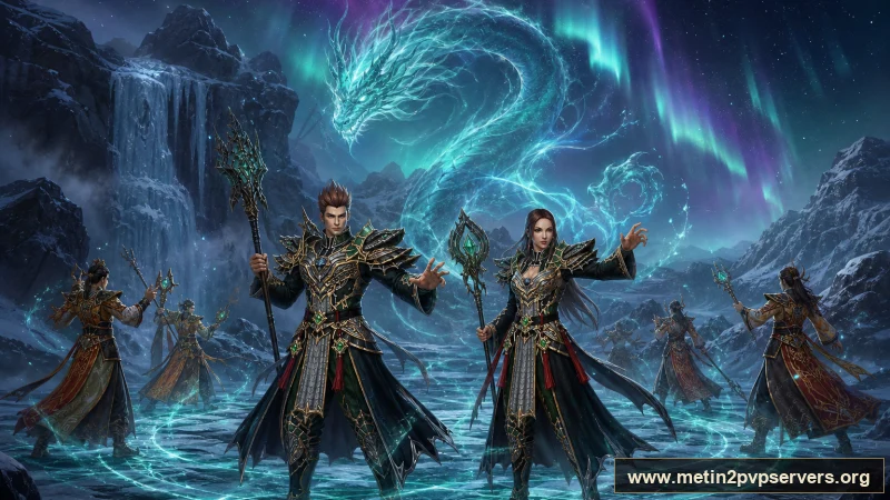 Aurora şelalesinde ejderha büyüsü yapan Metin2 şamanları için sinematik Metin2 wallpaper