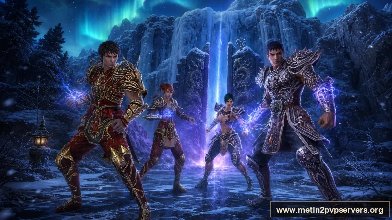 Aurora şelalesinde ninja ve Hwang zırhlı Metin2 muhafızları için sinematik Metin2 wallpaper