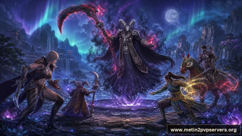 Kuzey ışıklı geniş şelale vadisinde dev tırpanlı boynuzlu Azrail boss için sinematik Metin2 wallpaper