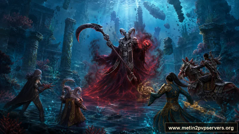 Turkuaz ışıklı batık tapınakta dev tırpanlı boynuzlu Azrail boss için sinematik Metin2 wallpaper