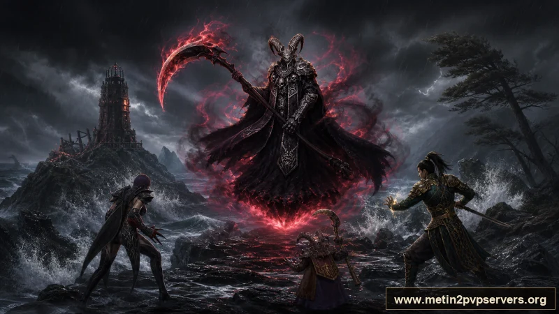 Dev dalgalı fırtınalı kayalık sahilde dev tırpanlı boynuzlu Azrail boss için sinematik Metin2 wallpaper