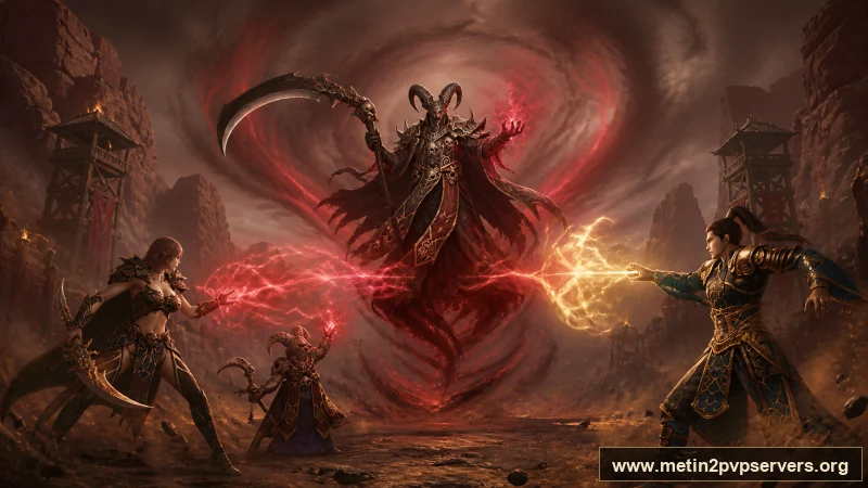 Toz girdaplı kızıl kanyonda dev tırpanlı boynuzlu Azrail boss için sinematik Metin2 wallpaper