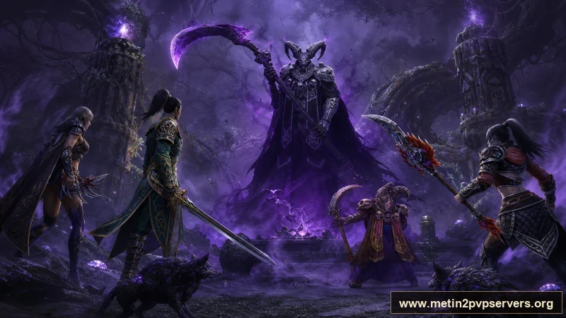 Mor sisli lanetli ormanda dev tırpanlı boynuzlu Azrail boss için sinematik Metin2 wallpaper