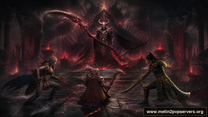 Kızıl meşaleli obsidyen taht salonunda dev tırpanlı boynuzlu Azrail boss için sinematik Metin2 wallpaper