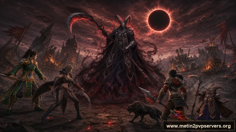 Güneş tutulmalı savaş meydanında dev tırpanlı boynuzlu Azrail boss için sinematik Metin2 wallpaper
