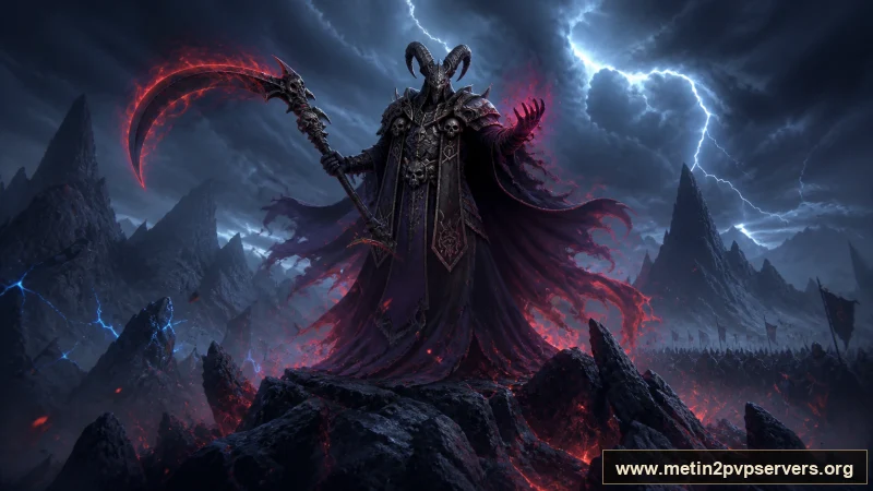 Yıldırımlı sivri dağ zirvesinde dev tırpanlı boynuzlu Azrail boss için sinematik Metin2 wallpaper