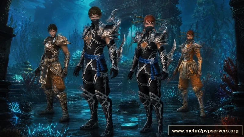 Batık tapınakta farklı zırhlı Metin2 ninja ekibi için sinematik Metin2 wallpaper