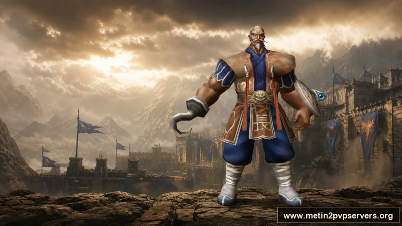 Dağ kalesinin önünde duran zırhlı Bestial Captain boss karakteri