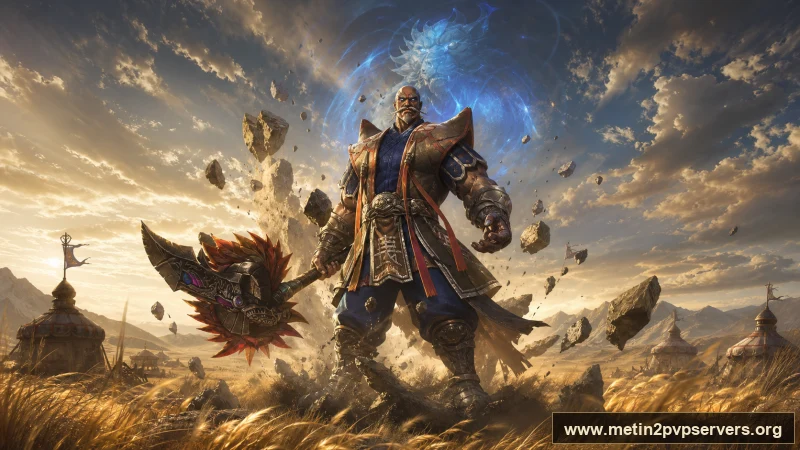 Altın otlu geniş bozkırda ağır zırhlı Bestial Kaptan boss karakteri için sinematik Metin2 wallpaper