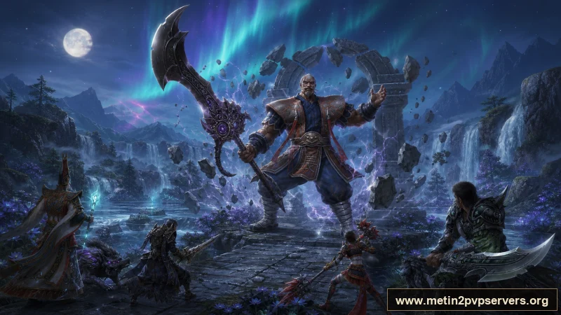 Kuzey ışıklı geniş şelale vadisinde ağır zırhlı Bestial Kaptan boss karakteri için sinematik Metin2 wallpaper