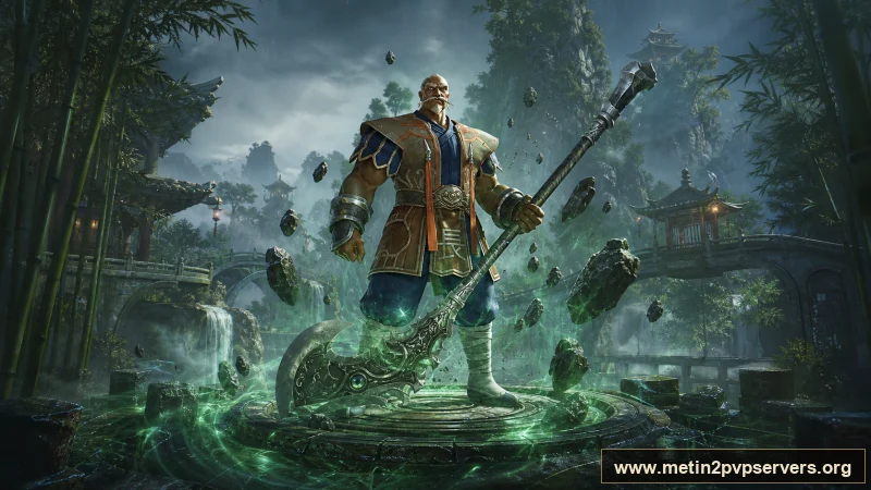 Yağmur sonrası sisli bambu vadisinde ağır zırhlı Bestial Kaptan boss karakteri için sinematik Metin2 wallpaper