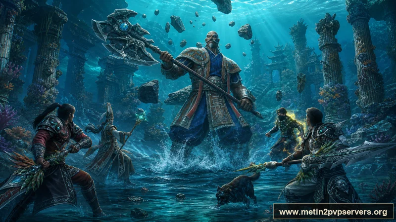 Turkuaz ışıklı batık tapınakta ağır zırhlı Bestial Kaptan boss karakteri için sinematik Metin2 wallpaper