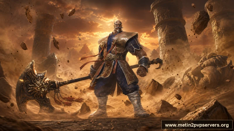Kum fırtınalı kadim çöl tapınağında ağır zırhlı Bestial Kaptan boss karakteri için sinematik Metin2 wallpaper