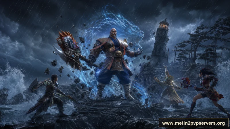 Dev dalgalı fırtınalı kayalık sahilde ağır zırhlı Bestial Kaptan boss karakteri için sinematik Metin2 wallpaper
