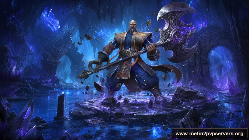 Mavi mor kristalli büyük mağarada ağır zırhlı Bestial Kaptan boss karakteri için sinematik Metin2 wallpaper