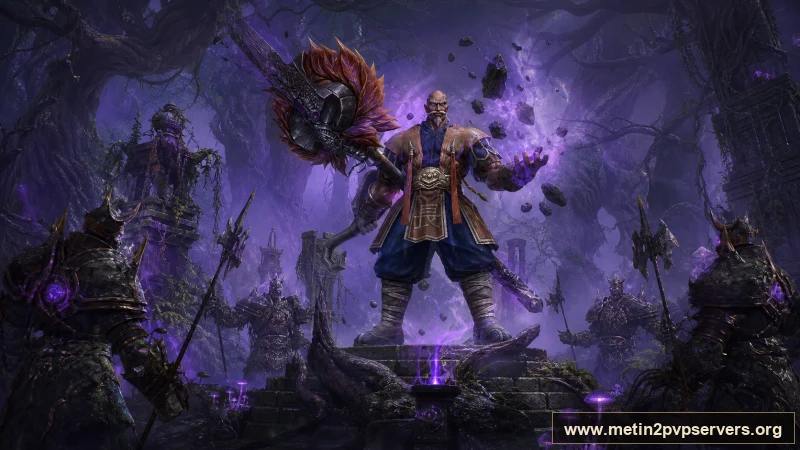 Mor sisli lanetli ormanda ağır zırhlı Bestial Kaptan boss karakteri için sinematik Metin2 wallpaper
