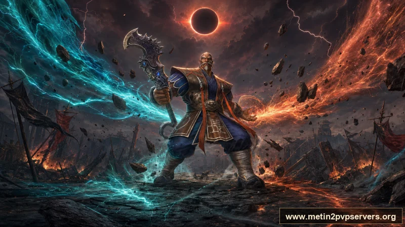 Güneş tutulmalı savaş meydanında ağır zırhlı Bestial Kaptan boss karakteri için sinematik Metin2 wallpaper