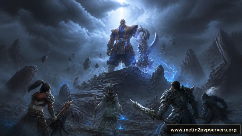 Yıldırımlı sivri dağ zirvesinde ağır zırhlı Bestial Kaptan boss karakteri için sinematik Metin2 wallpaper