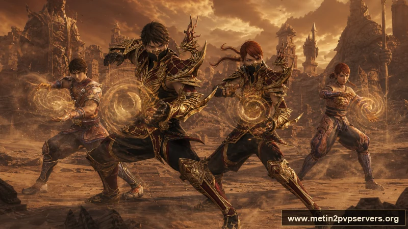 Çöl tapınağında farklı zırhlı Metin2 ninja ekibi için sinematik Metin2 wallpaper