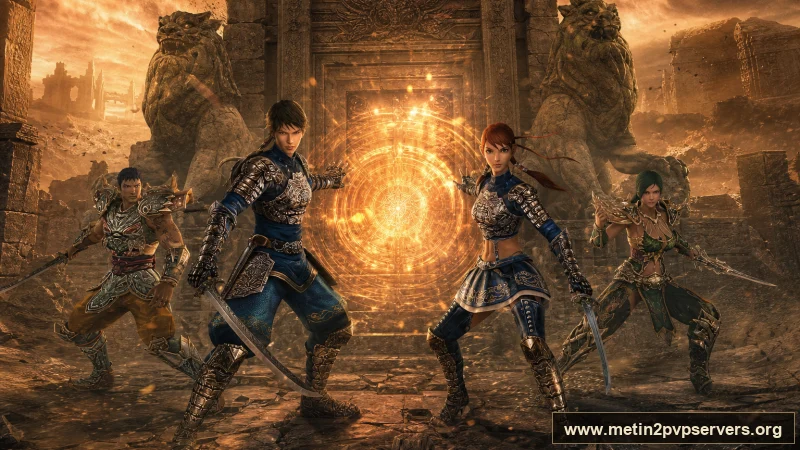Çöl tapınağında ninja ve Hwang zırhlı Metin2 muhafızları için sinematik Metin2 wallpaper