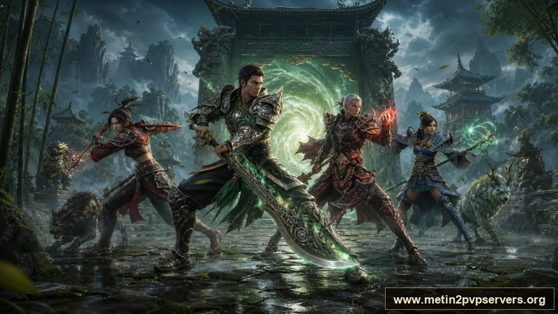 Yağmur sonrası sisli bambu vadisinde savaşçı ninja sura ve şamandan oluşan dört kahraman için sinematik Metin2 wallpaper