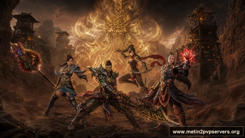 Toz girdaplı kızıl kanyonda savaşçı ninja sura ve şamandan oluşan dört kahraman için sinematik Metin2 wallpaper