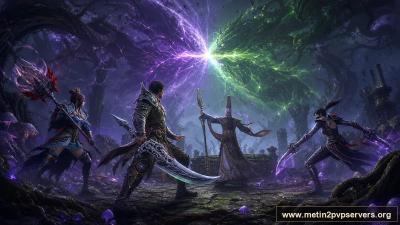 Mor sisli lanetli ormanda savaşçı ninja sura ve şamandan oluşan dört kahraman için sinematik Metin2 wallpaper