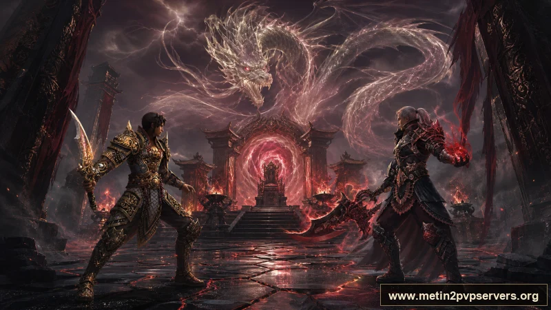 Kızıl meşaleli obsidyen taht salonunda ruh ejderinin altında iki zırhlı savaşçı için sinematik Metin2 wallpaper